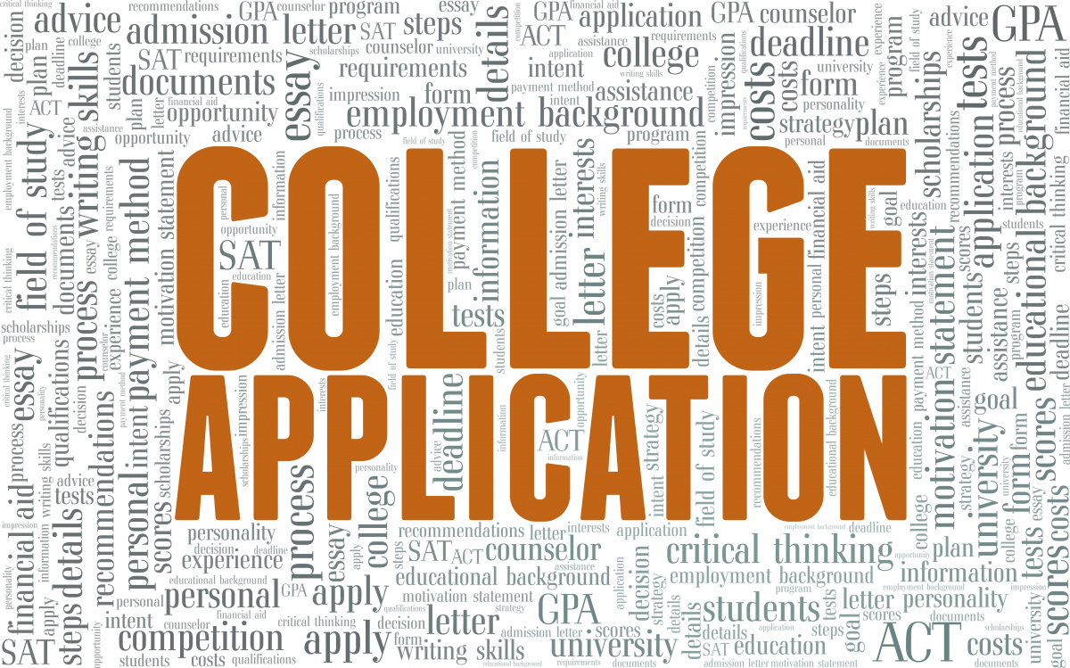 The word College Application written in orange, background is made up of many different words related to college.