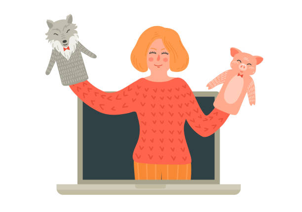 Librarian with puppets on computer screen