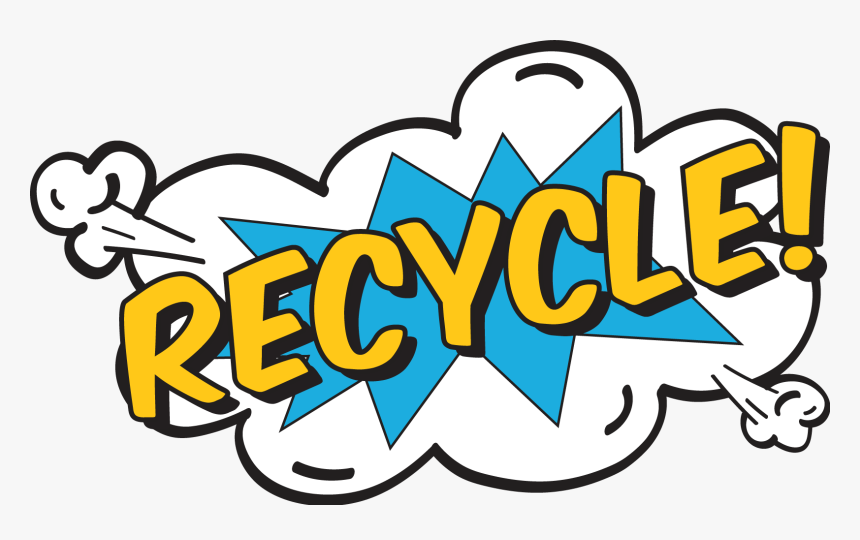 The word recycle in yellow with a comic book bubble behind it