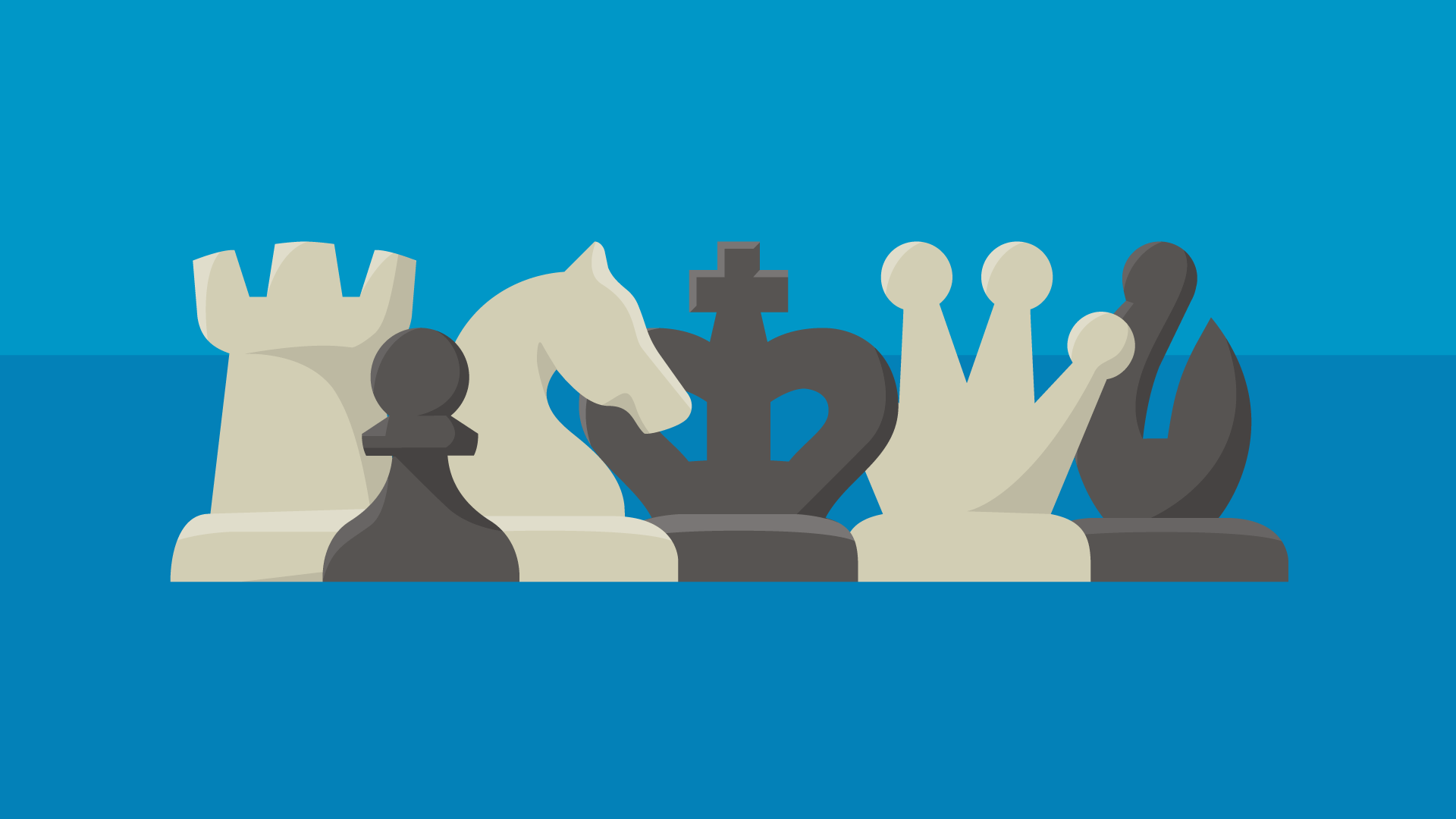 Some black and white chess pieces with a blue two tone background.