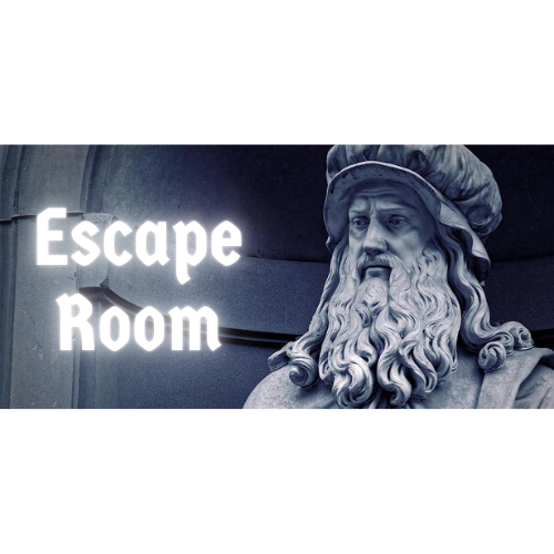The words escape room in white with a picture of the sculpture of DaVinci