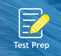 Blue background with white letters saying test prep