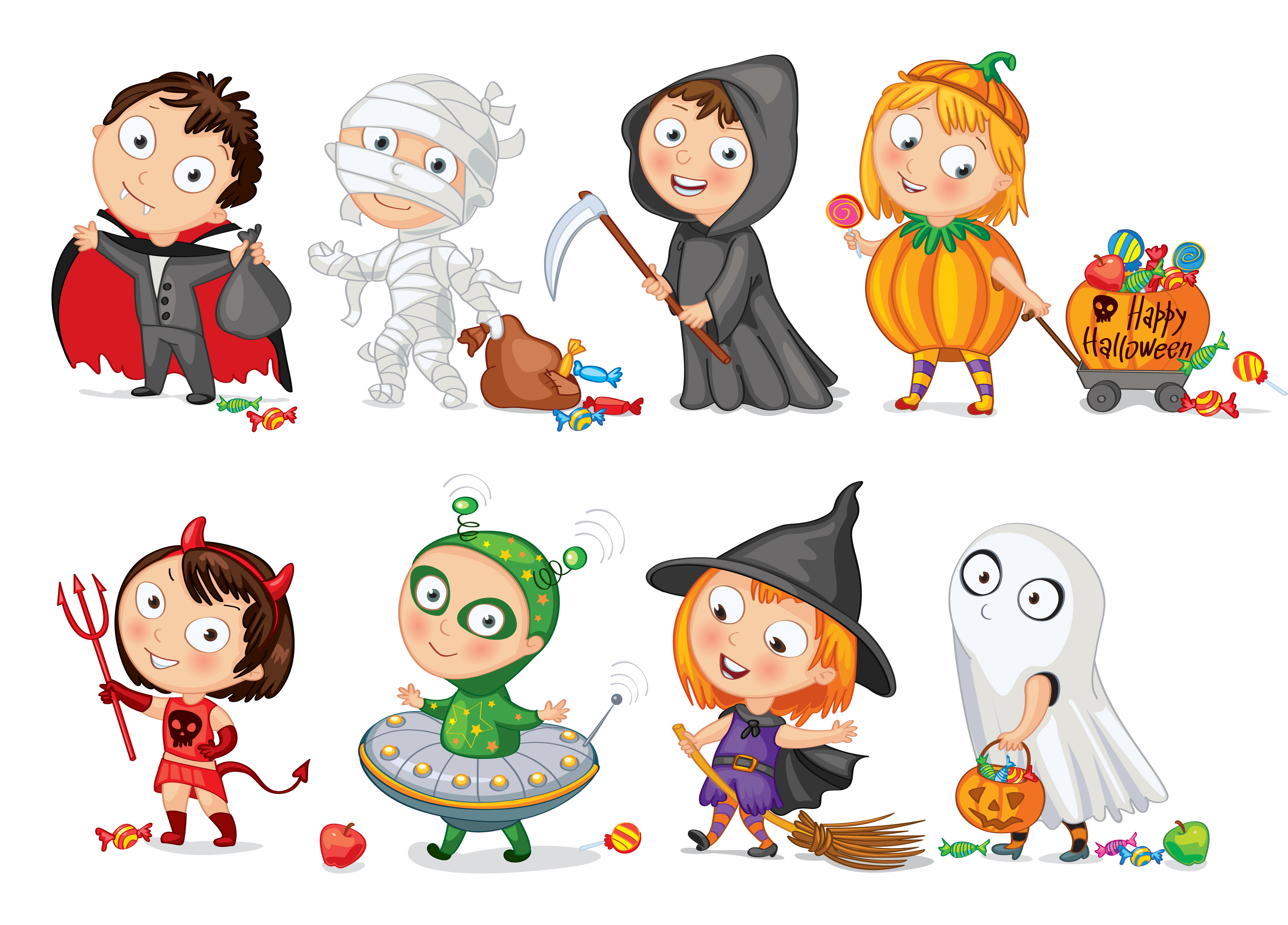 Cartoon kids in Halloween costumes