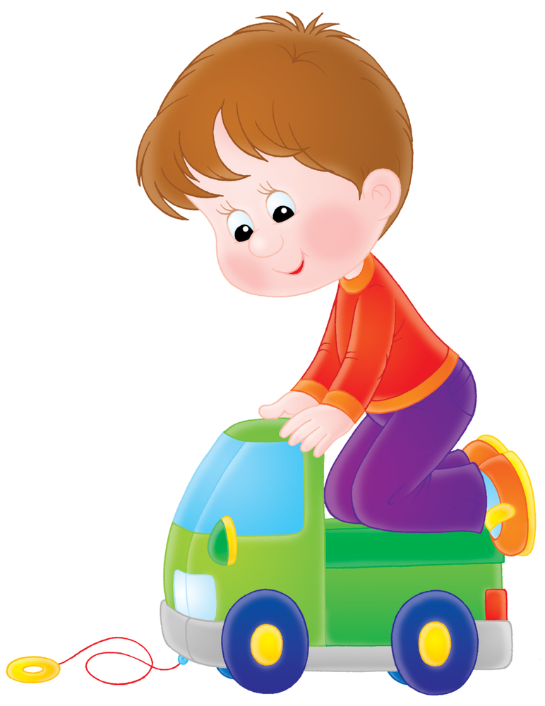 Cartoon child riding toy truck.