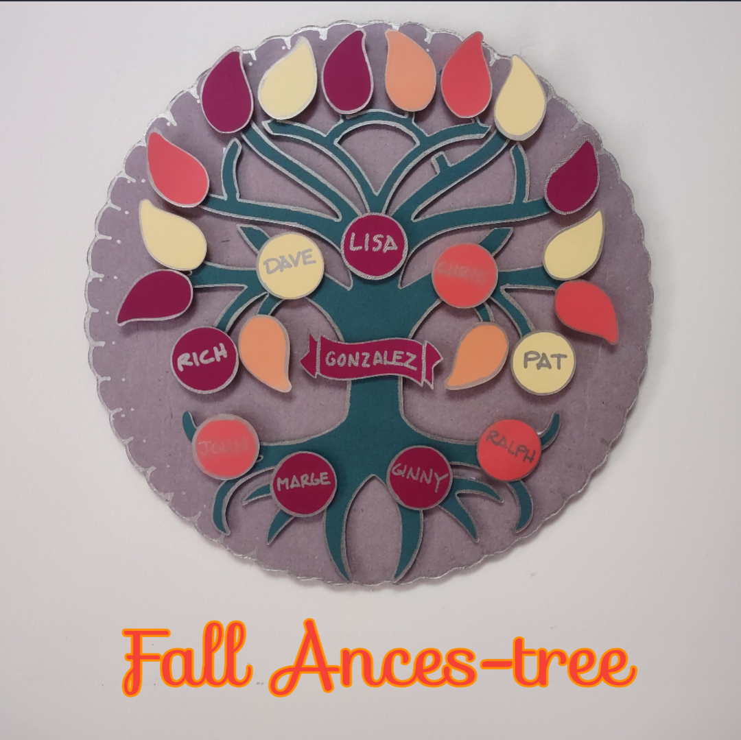 Green tree branches with yellow, orange and red leaves on a round shape.
