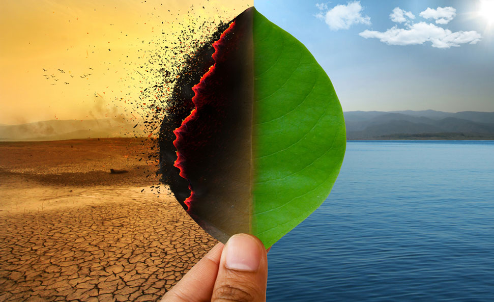 A person thumb and finger tip is holding a roundish leaf. One side the leaf is dry over looking a desert area. The other side of the leaf is green over looking a blue sky and becautiful looking body of water.