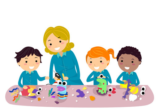 Kids crafting with an adult clipart.