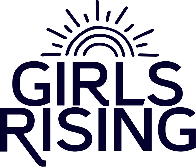 There is black text saying "Girls Rising" with half a sun above the text, just made out of black lines.