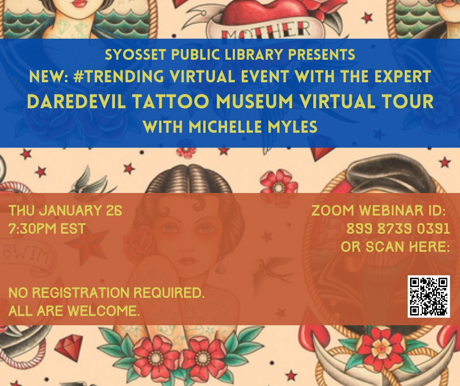 Grab a seat on your couch and join us virtually for a “tour” of The Daredevil Tattoo Museum in NYC! Michelle Myles, co-owner of the shop will chat about the history of tattooing on the Bowery and how New York City became the birthplace of modern American tattooing. Q&A to follow