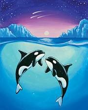 There are 2 orcas under the water with stars shooting across the sky.
