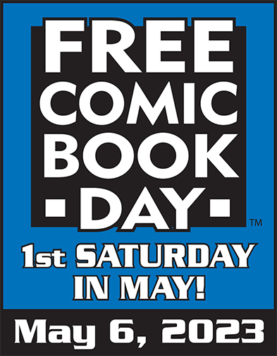 A blue, white and black logo for Free Comic Book Day