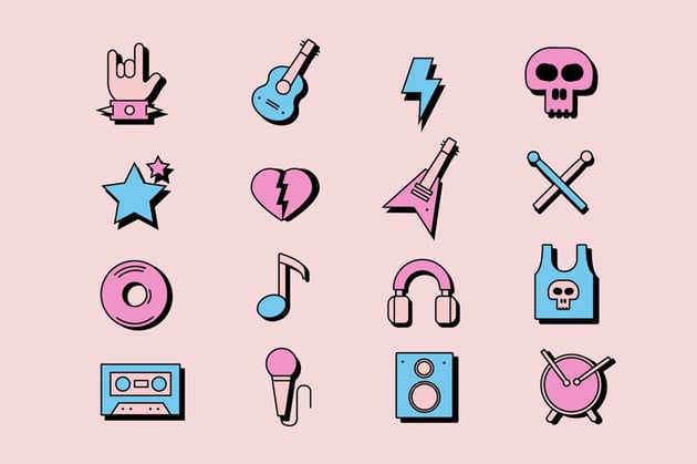 Pink background with 6 small rock and roll icons