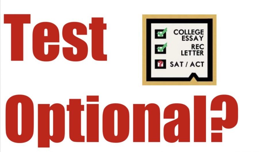 The words TEST OPTIONAL? in red with a small square on the right listing items needed for college application