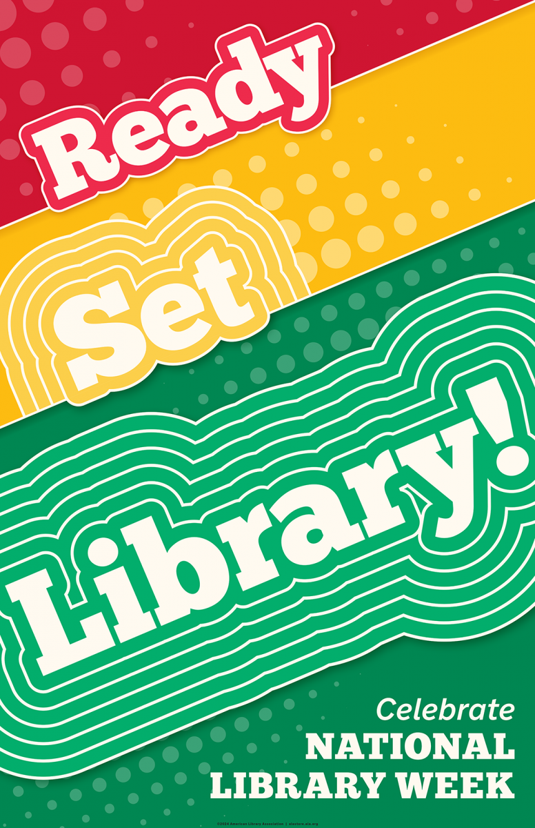 Says Ready Set Library! It is the logo for this year's National Library Week
