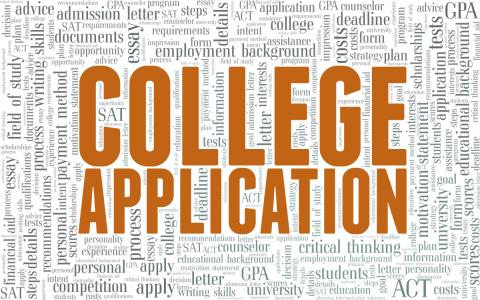 The word College Application written in orange, background is made up of many different words related to college.