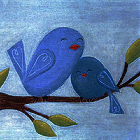 Painting of a mother bird and their child on a tree branch.