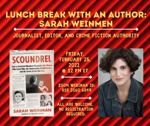 Photo of author Sarah Weinman and her book "Scoundrel".