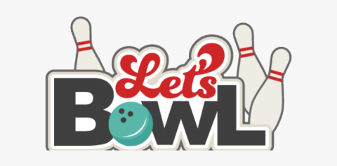 The word Let's in red and bowl in black with 3 bowling pins