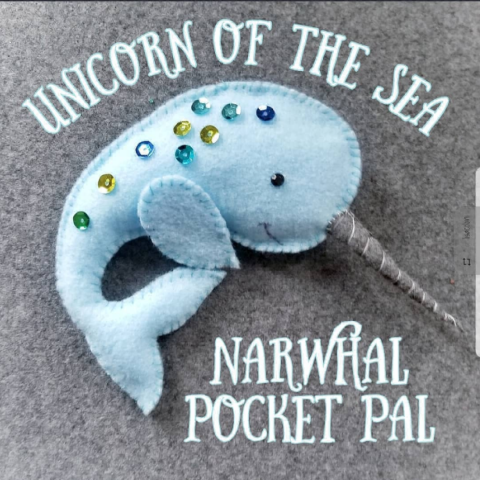 It is a picture of the craft (little blue felt narwhal) with the words unicorn of the sea, narwhal pocket pal