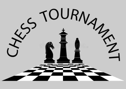 Gray background with the words chess tournament in black. There is also a chess board and 3 chess pieces