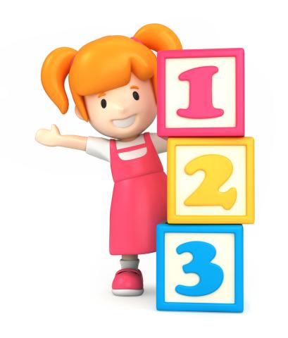 Cartoon girl standing next to 123 blocks.