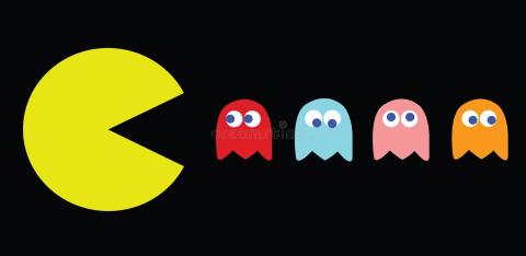 Yellow Pac-Man on the left with four little ghosts lined up on the right in red, light blue, pink and orange