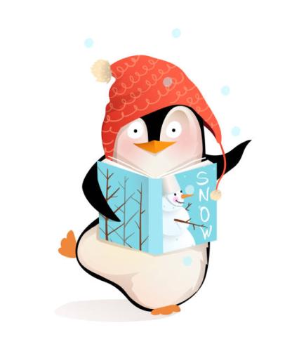 Penguin reading a book.