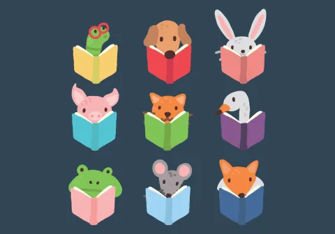 Nine animals head peeking over open books.