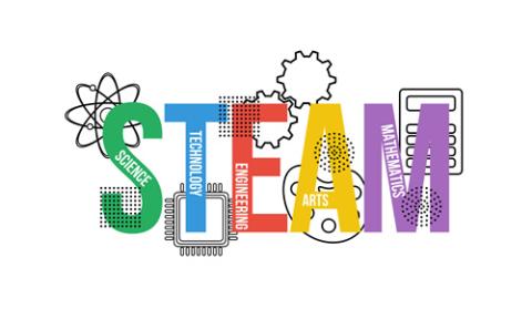 The letters STEAM in green, blue, red, yellow and purple.