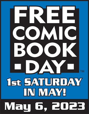 A blue, white and black logo for Free Comic Book Day