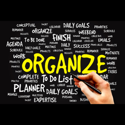 Organize in yellow, black background with other organizational words in white