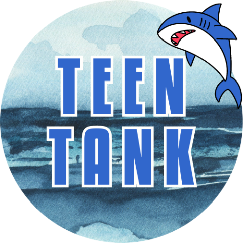 The words TEEN TANK over a picture of water. There is also a shark above the words