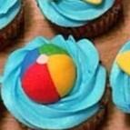 It's the top view of a cupcake with blue frosting and decorated with a candy beach ball.