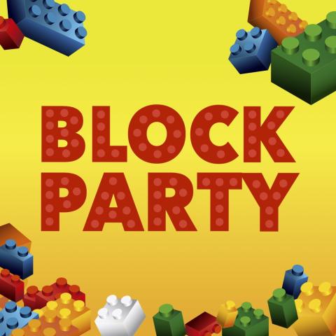 The words "Block Party' in red over a yellow background. Lego blocks are on all four corners of the image.