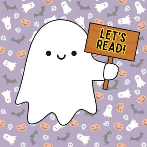 A cartoon ghost holding a sign that says "Let's Read" over a Halloween background