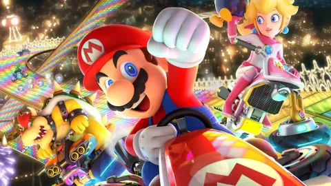 A close up picture of Mario in the game MarioKart