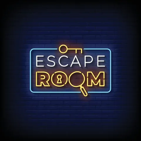 Dark blue background with neon letters saying Escape Room