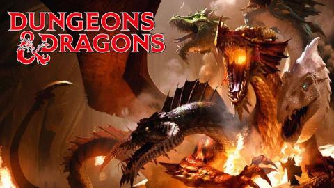 The Dungeons & Dragons logo in red over a drawing of fire breathing dragons.