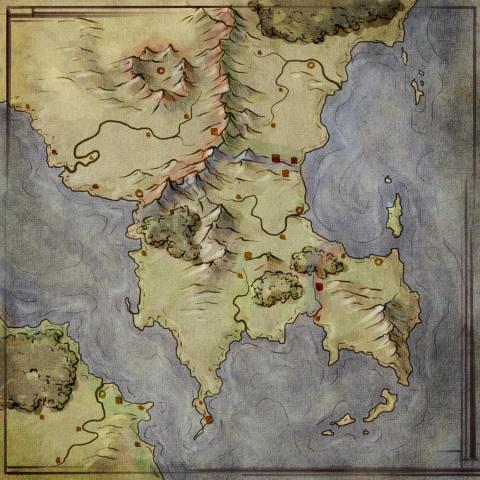 A drawn fantasy map in browns, greens and blues