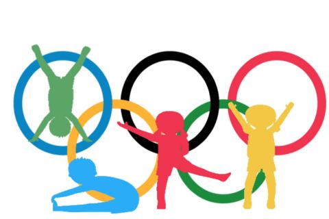 Olympic rings and kids silhouettes.