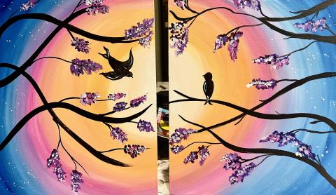 birds in tree painting