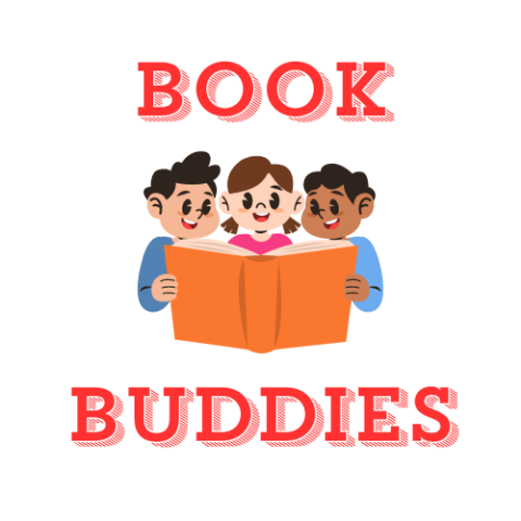 A clip art of 3 children looking at a book together with the words "Book Buddies"