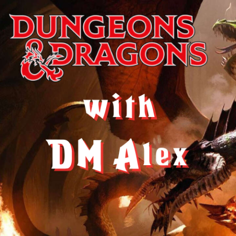 The logo of Dungeons & Dragons with the words "with DM Eric", there is a dragon head in the background.