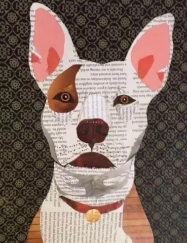 A picture of a dog made with different pieces of paper