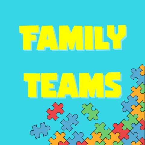 Clip art of jigsaw puzzle pieces in bottom right corner, with the words FAMILY TEAMS written in yellow