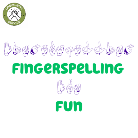 The words "FINGERSPELLING FUN" in letters and hand signs