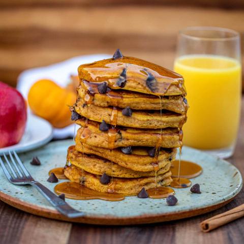 A stack of chocolate chip pumpkin pancakes