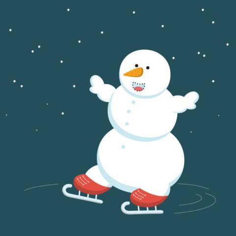 Snowman on ice skates at night