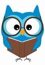 Blue owl with glasses holding a book.