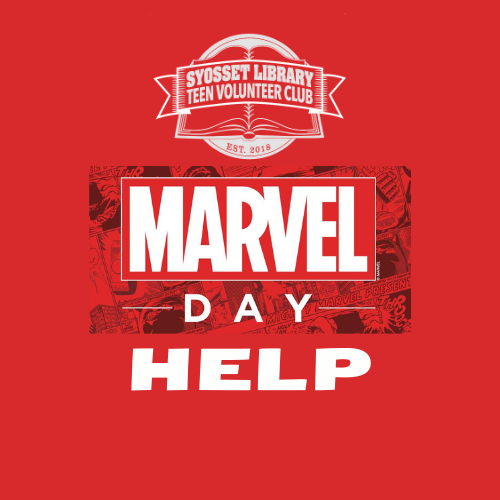 Teen Volunteer Club logo with Marvel Day Help in white. There is a red background.